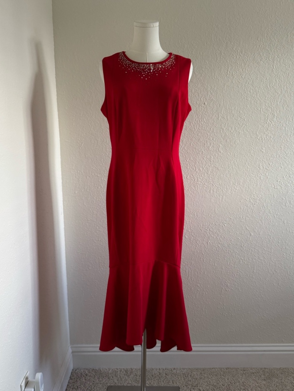 Calvin Klein Red Scuba Midi Dress Beaded Neckline Flounce Hem 12